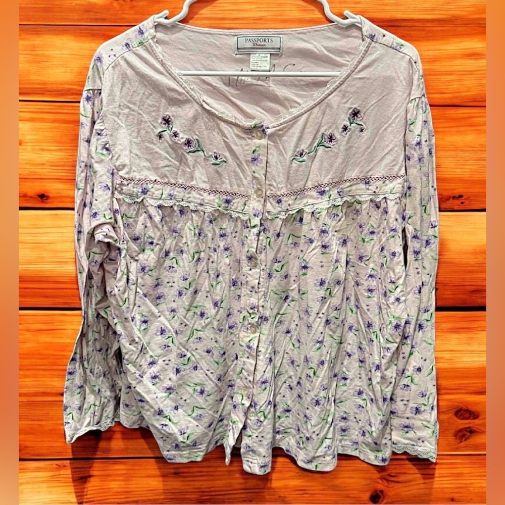 Floral Women's Top - Purple and White 3X